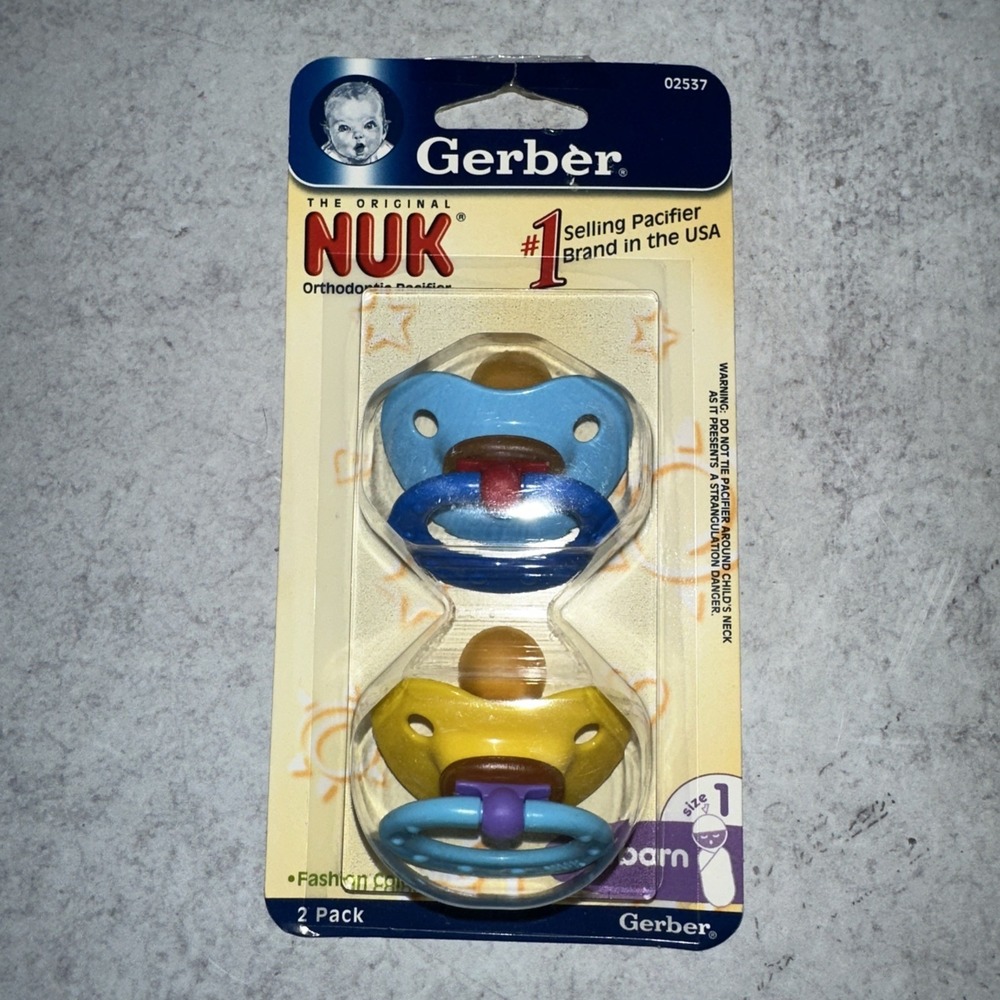 2 Gerber NUK Orthodontic Latex Pacifiers Size 1 Blue Yellow Newborn
